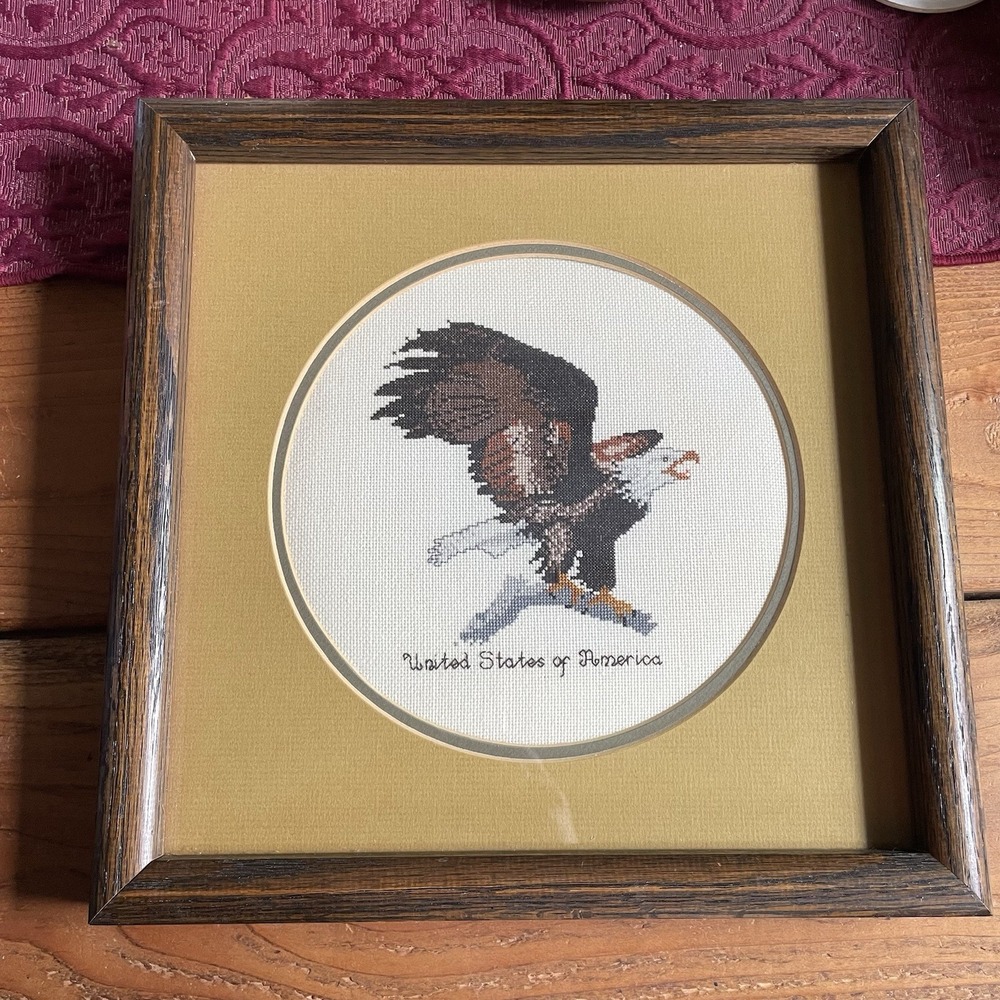 Vintage 11"x11" Wood Framed Eagle Cross Stitch Picture Art Handmade Completed